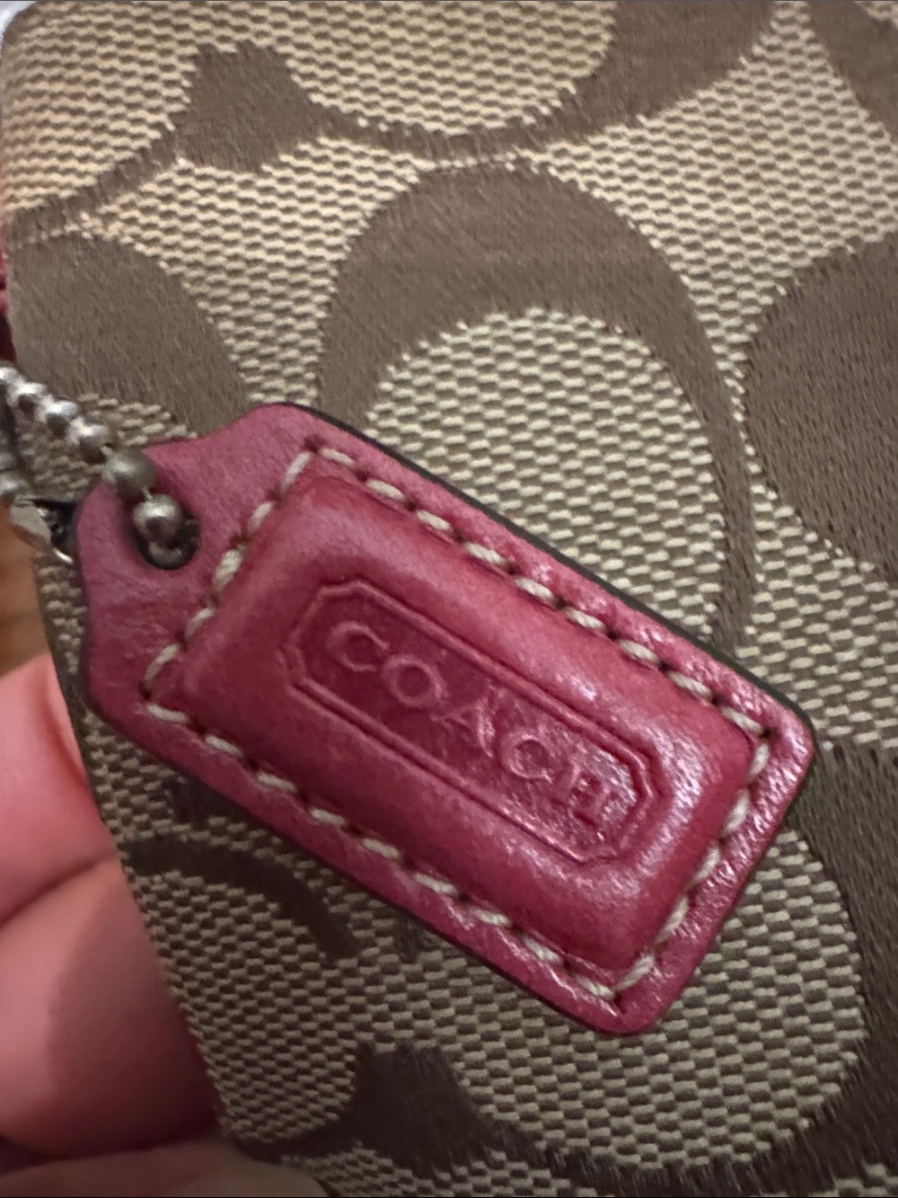 Coach Brown Signature Canvas Wristlet with Pink Logo Patch - Picture 5 of 6